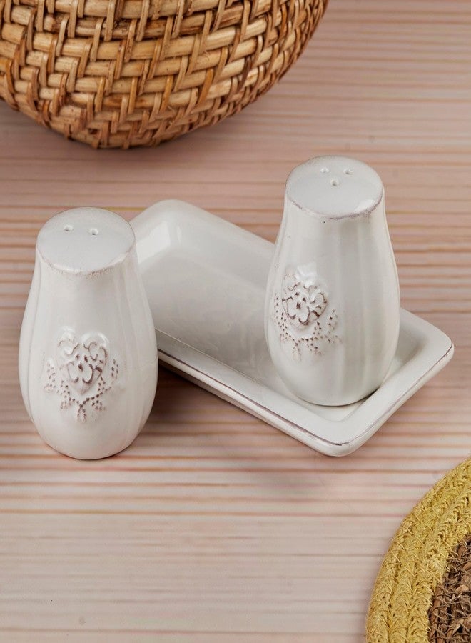 Kookee Ceramic Salt and Pepper Shakers Set with Tray - Elegant Namak Dani, Spice Sprinkler & Dispenser for Dining Table, Kitchen & Restaurant Use, White (10656) - Image 1
